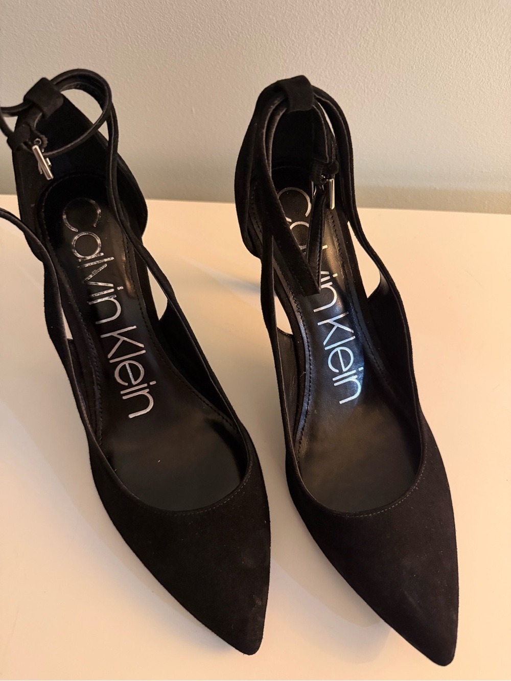 Calvin Klein Black Suede Pointed-Toe Ankle-Strap Heels